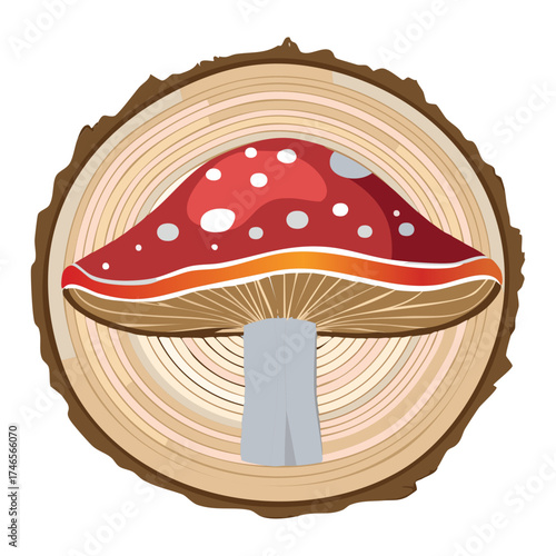 Poisonous Plants Bright Red Spotted Mushroom Slice on a Rustic Tree Stump
