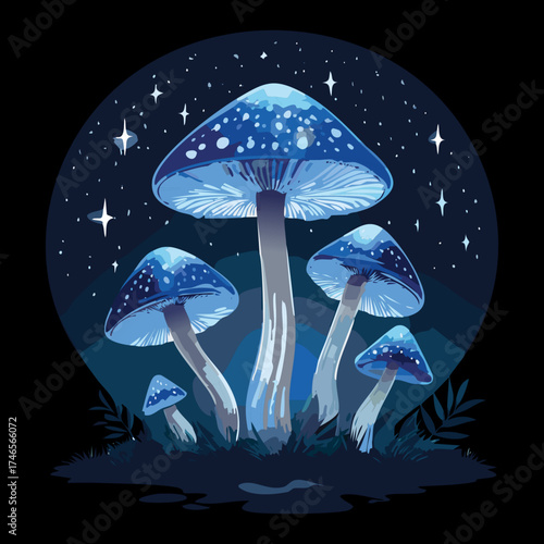 Magical Blue Plants Fungi Glowing under a Starry Sky in the Dark Forest