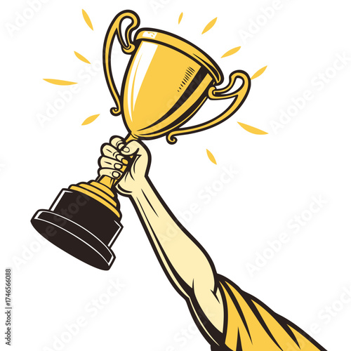 A triumphant arm, light-skinned and muscular, vigorously raises a gleaming golden trophy against a stark white background. The trophy, detailed with black base and ornate handles, is illuminated by st