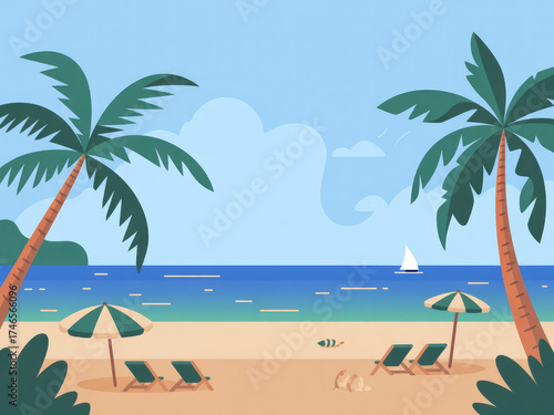 Tropical beach landscape with palm trees, blue ocean waves and golden sunset sky, relaxing summer vacation scenery, travel destination background, peaceful coastal nature view