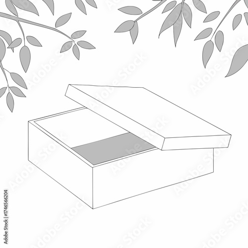A slightly open, rectangular box sits centered, viewed from a high angle, revealing a gray interior. Above, stylized branches with oval leaves frame the scene. The image is monochromatic, rendered in 