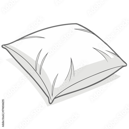 A slightly angled, white, square pillow rests on a white surface, casting a soft gray shadow. The pillow's edges are subtly rounded, outlined in gray. Faint gray lines suggest creases and volume on th