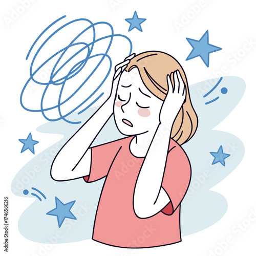 Woman experiencing dizziness with swirling lines and stars around her head indicating vertigo or headache feeling unwell and needing rest and care