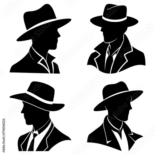 Silhouetted men wearing fedoras and suits in different poses and angles on a white background design