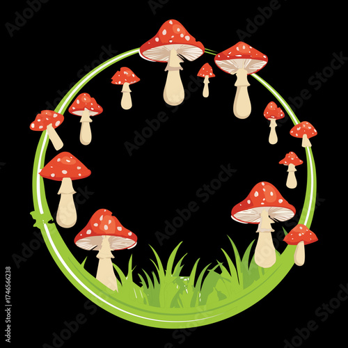 Mysterious Ring of Red and White Toadstool Plants in a Dark Enchanted Forest Glade Scene