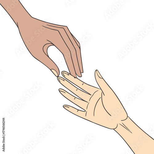 Two hands, one light-skinned and one darker, reach towards each other against a stark white background. The light-skinned hand is open, palm up, while the darker hand hovers above, fingers slightly cu
