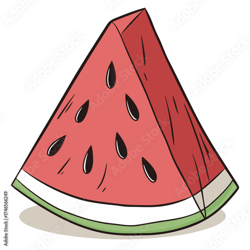 A triangular slice of watermelon dominates the frame, its red flesh speckled with black seeds. A thin white rind separates the red from a green outer layer. The slice casts a soft shadow on a white su