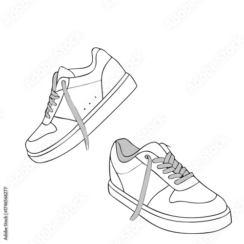 Two identical, outlined sneakers float against a stark white background. One shoe is angled upwards, revealing its side with three small perforations. The other faces forward, laces dangling loosely. 