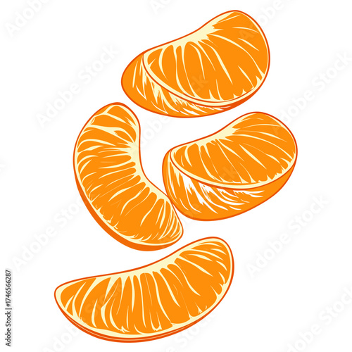 Four vibrant orange mandarin segments are scattered against a stark white background, seemingly suspended in mid-air. Each segment exhibits a textured surface with distinct vertical lines, suggesting 