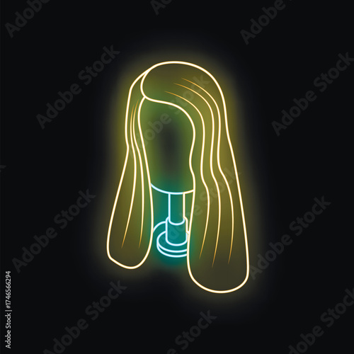 Bright neon sign representing a long blonde wig on a mannequin head, glowing against a dark background
