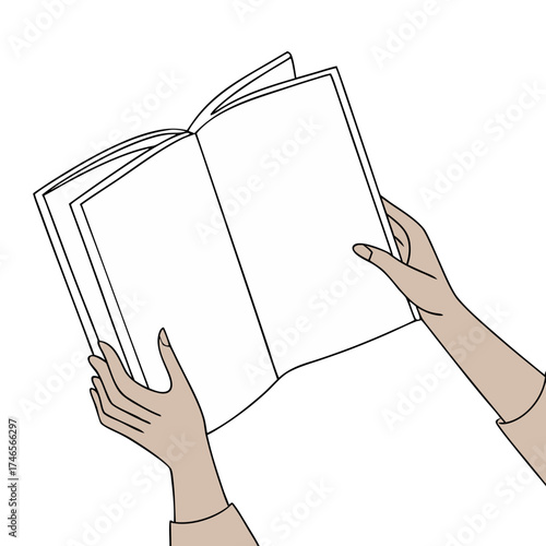 A pair of light-skinned hands holds open a blank, white book, angled upwards. The hands, with defined fingers, are positioned on either side of the book's spine. The book's pages are crisp and white, 