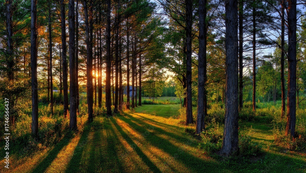 Obraz premium Golden hour sunset piercing through trees in peaceful landscape