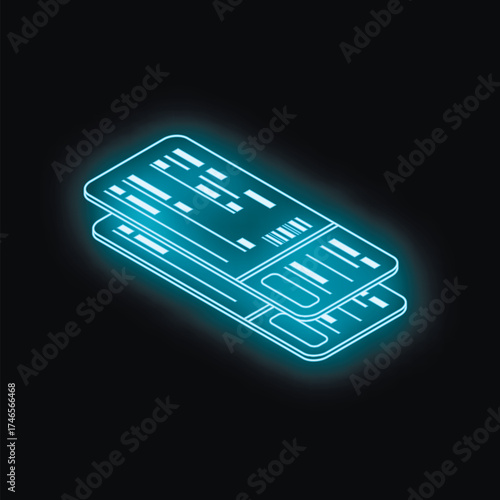 Neon airplane tickets glowing on dark background represent online booking and travel