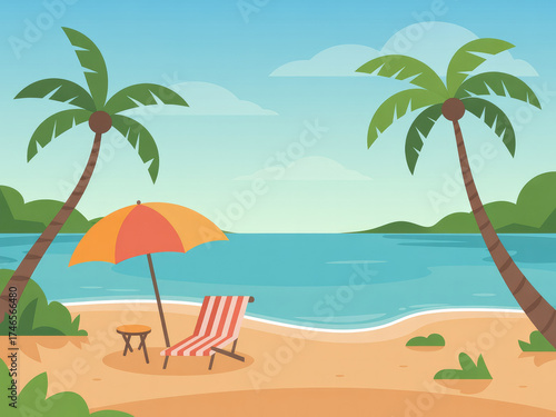 Tropical beach landscape with palm trees, blue ocean waves and golden sunset sky, relaxing summer vacation scenery, travel destination background, peaceful coastal nature view