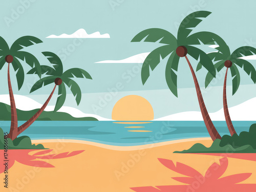 Tropical beach landscape with palm trees, blue ocean waves and golden sunset sky, relaxing summer vacation scenery, travel destination background, peaceful coastal nature view