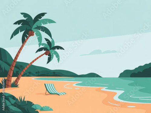 Tropical beach landscape with palm trees, blue ocean waves and golden sunset sky, relaxing summer vacation scenery, travel destination background, peaceful coastal nature view