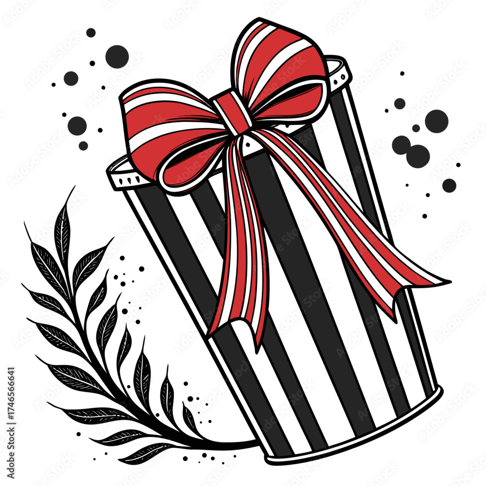 Obraz premium Elegant gift box with red bow and striped pattern adorned with botanical elements for festive occasions and celebrations a stylish present