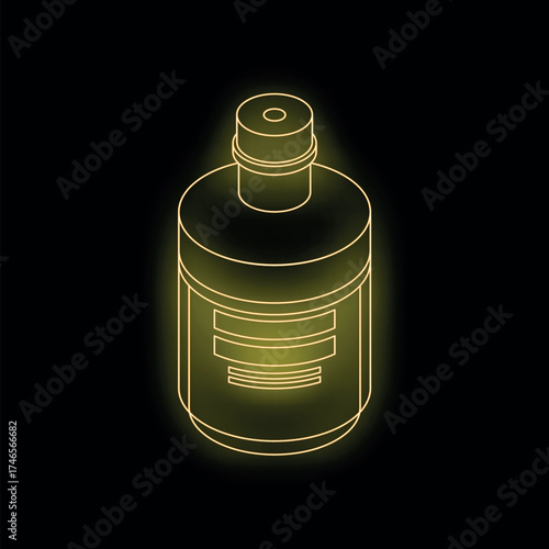 Neon yellow isometric glowing bottle on black background representing health, beauty, and wellness products