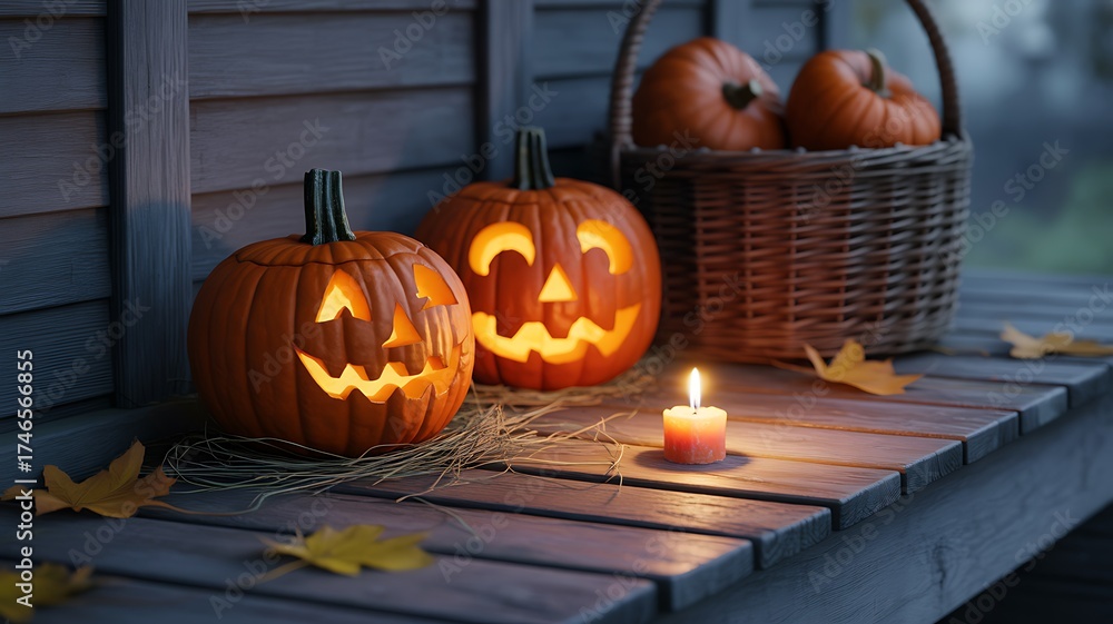 Obraz premium Two glowing halloween pumpkins with candle and basket on wooden table 