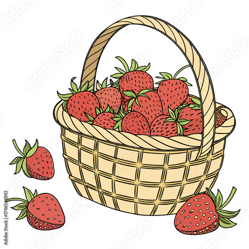 Woven basket filled with ripe red strawberries and scattered berries evokes summer freshness and healthy eating perfect for seasonal designs