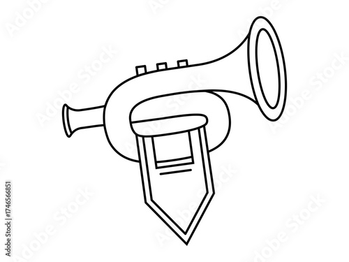 Hand drawn cute outline illustration brass trumpet. Flat vector competition or contest winner sound line art doodle. Fanfare horn sticker, icon. Award ceremony music. Medieval herald bugle. Isolated.