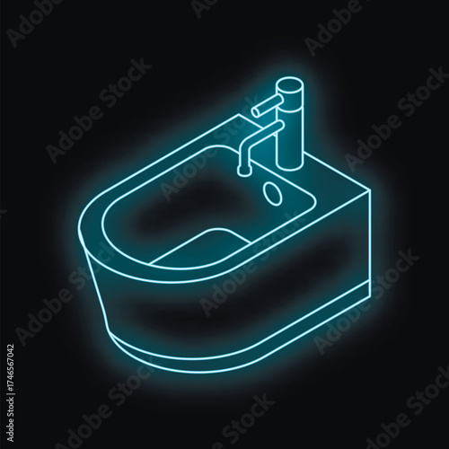 Glowing neon bidet with faucet in dark bathroom, isometric projection