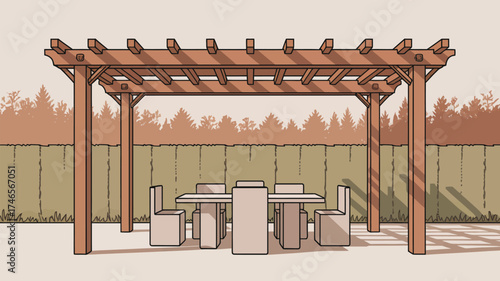 Outdoor dining area under a wooden pergola with table chairs and a backdrop of trees and a fence line