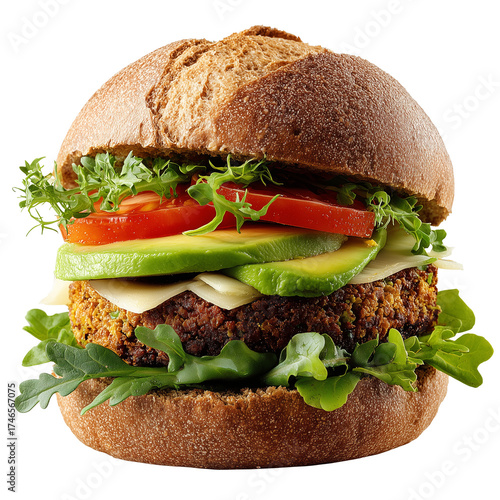 Healthy veggie burger with avocado, tomato, cheese and lettuce