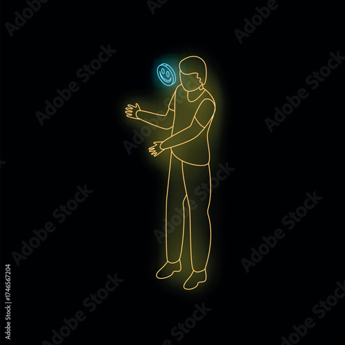 Neon style illustration of a juggler juggling with a positive emotion, perfect for projects related to positivity and entertainment