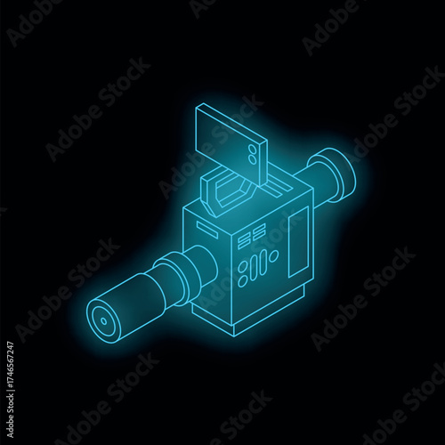 Isometric outline of a professional digital video camera with glowing blue neon lines, ideal for video production, filmmaking, or broadcasting concepts
