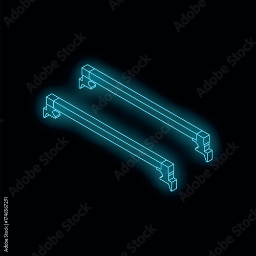 Neon blue roof rack bars shining in dark environment, isometric projection