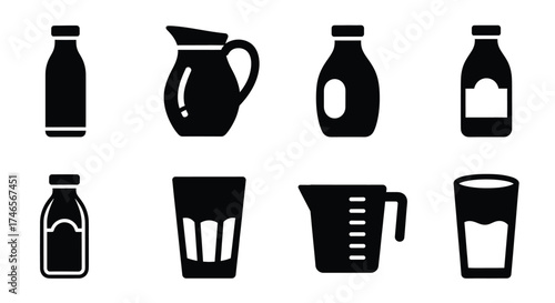 Milk bottles pitcher and glasses icons vector