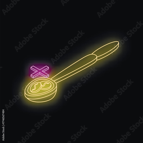 Glowing neon sign showing coffee beans in measuring spoon with purple cross symbol, perfect for cafe or coffee shop