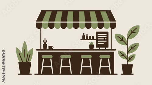 Illustration of a bar with a striped awning, stools, plants, shelf and menu board in earth tones