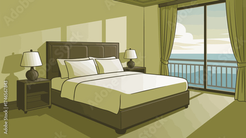A bedroom with a large bed, two bedside tables, lamps, and a balcony overlooking the ocean view outside