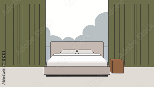 A bedroom with a bed, two pillows, a bedside table, and curtains with a cloudy sky background view
