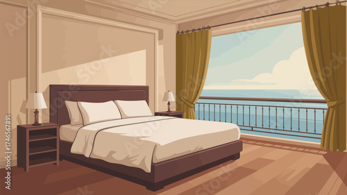 A bedroom with a large bed and a balcony overlooking the ocean with curtains and a nightstand lamp