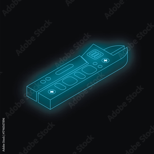 Adjustable wrench glowing with futuristic blue neon light on black background, ideal for repair, maintenance and construction concepts