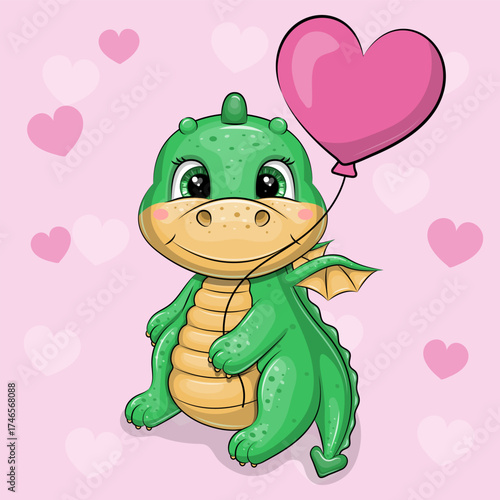 Cute cartoon Green Dragon with heart shaped balloon. Vector illustration of an animal on a pink background with hearts.