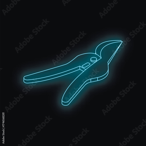 Neon blue pruning shears glowing on dark background, representing gardening and plant care