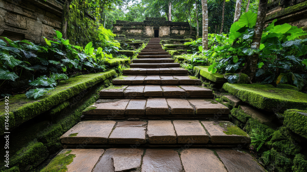 Naklejka premium Ancient stone steps lead through lush greenery, creating serene atmosphere in nature