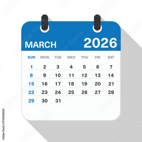 Monthly Calendar for March 2026. Blue Theme on White Background