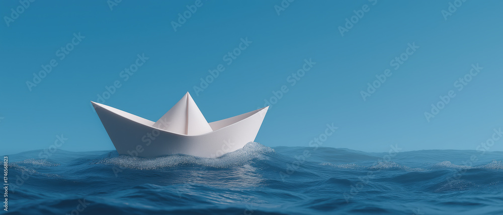 Obraz premium Elegant White Paper Boat Floating on Tranquil Blue Water Surface
