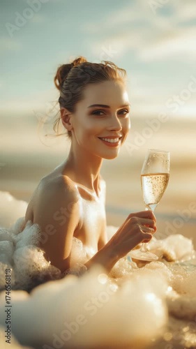 A young Caucasian woman with long brown hair enjoys a glass of champagne while relaxing in a bubble bath by the beach during sunset.