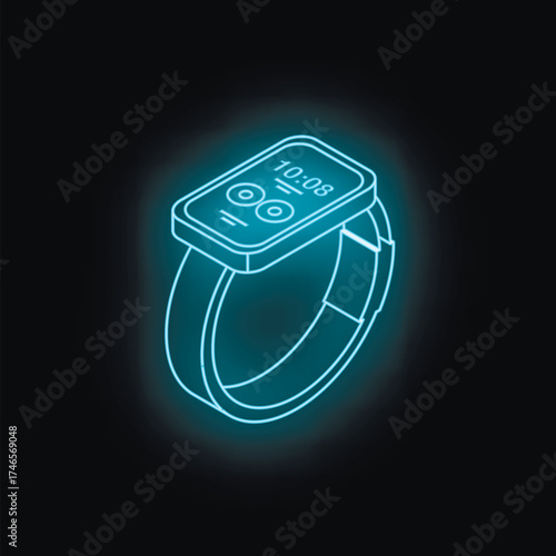 Neon blue smartwatch glowing against a black background, symbolizing modern technology, connectivity, and efficient time management