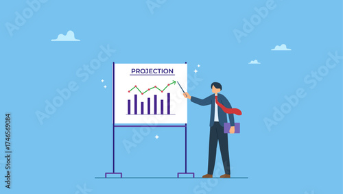 Businessman present financial projection bar chart. Financial projection, forecast or prediction presentation, estimate or evaluation chart and graph, growth diagram, growing or rising up budget.