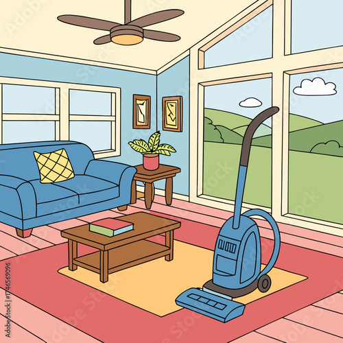 Illustration of a living room with a blue sofa, coffee table, and a vacuum cleaner near a large window pane