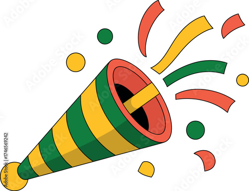 Illustration of a party popper with confetti, perfect for celebrations