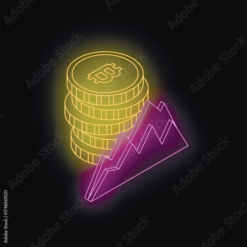 Neon bitcoin stack showing increasing value with upward trending line graph