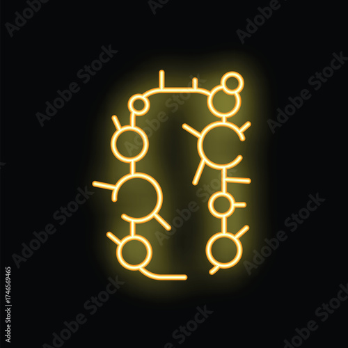 Bright yellow neon virus illustration glowing on dark background, concept for pandemic and viruses